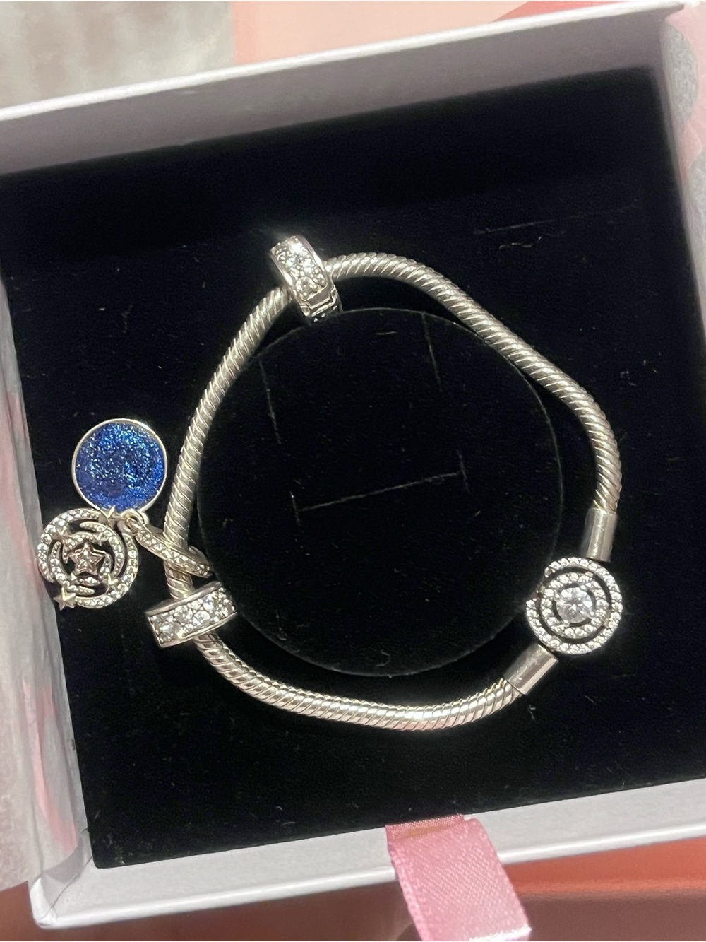 Pandora Silver Charm Bracelet with Blue Glitter Disc and Pavé Accents